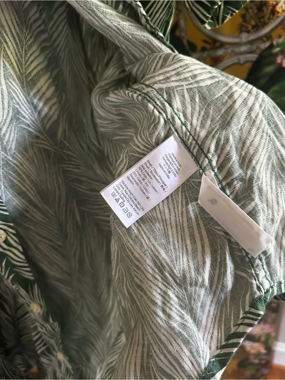 J. Crew Men's Green & White Leaf-Print Short-Sleeve Button-Up Shirt Linen Slim L